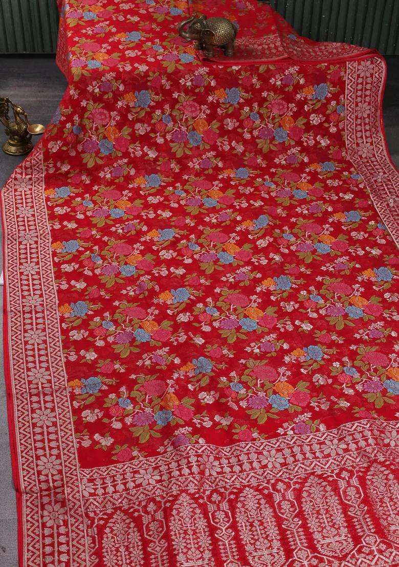 Art Chiffon Saree Red With Allover Thread Zari Floral Weaves And Zari Woven Border With Traditional Woven Design For Women - Indya