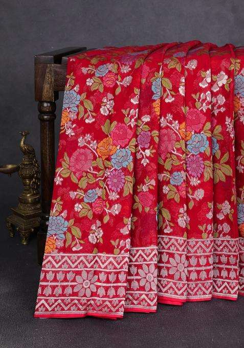 Art Chiffon Saree Red With Allover Thread Zari Floral Weaves And Zari Woven Border With Traditional Woven Design For Women
