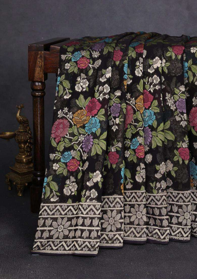 Art Chiffon Saree Black With Allover Thread Zari Floral Weaves And Zari Woven Border With Traditional Woven Design For Women - Indya