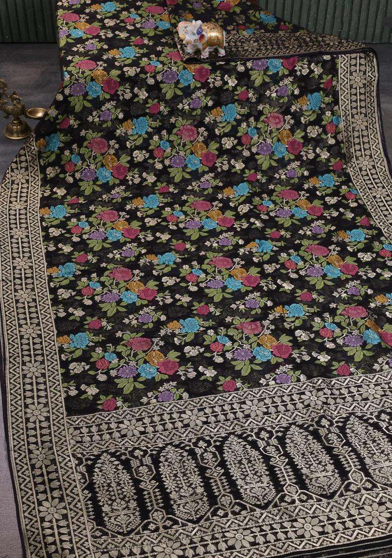Art Chiffon Saree Black With Allover Thread Zari Floral Weaves And Zari Woven Border With Traditional Woven Design For Women - Indya