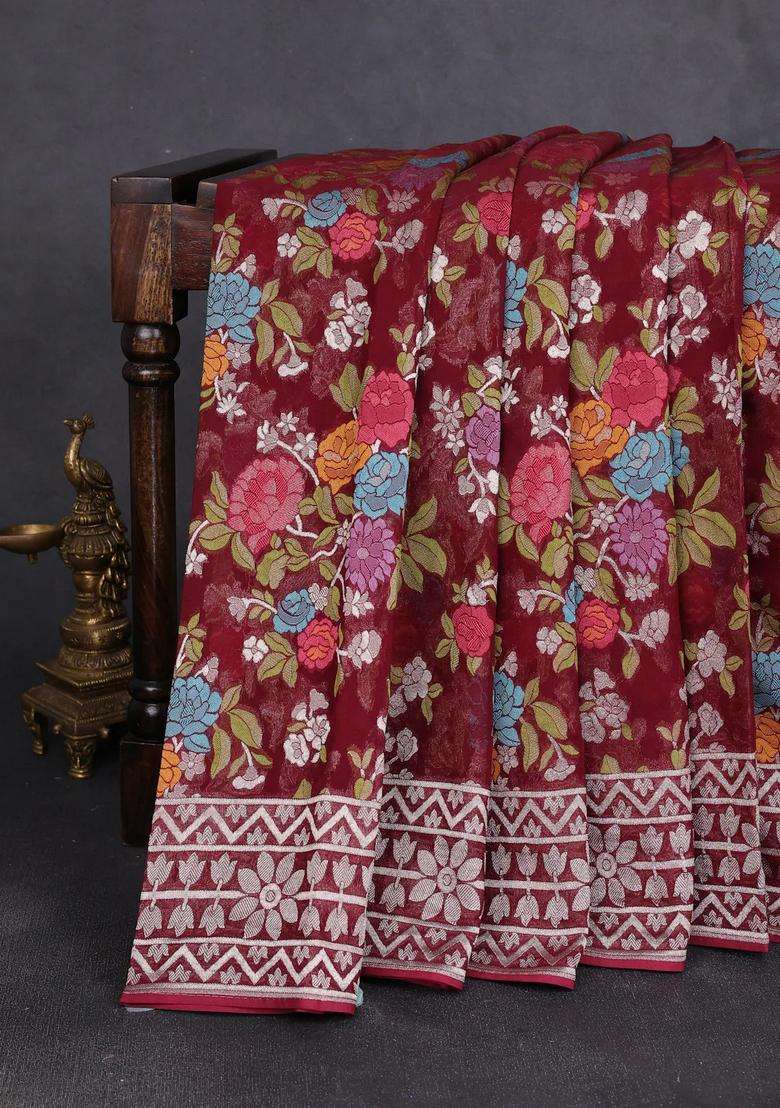 Art Chiffon Saree Deep Maroon With Allover Thread Zari Floral Weaves And Zari Woven Border With Traditional Woven Design For Women - Indya