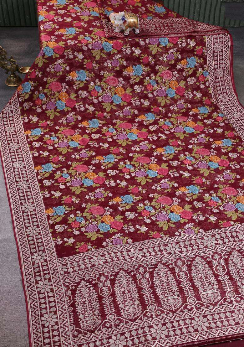Art Chiffon Saree Deep Maroon With Allover Thread Zari Floral Weaves And Zari Woven Border With Traditional Woven Design For Women - Indya