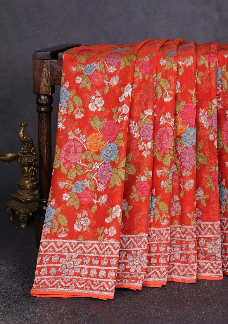 Art Chiffon Saree Orange With Allover Thread Zari Floral Weaves And Zari Woven Border With Traditional Woven Design For Women - Indya