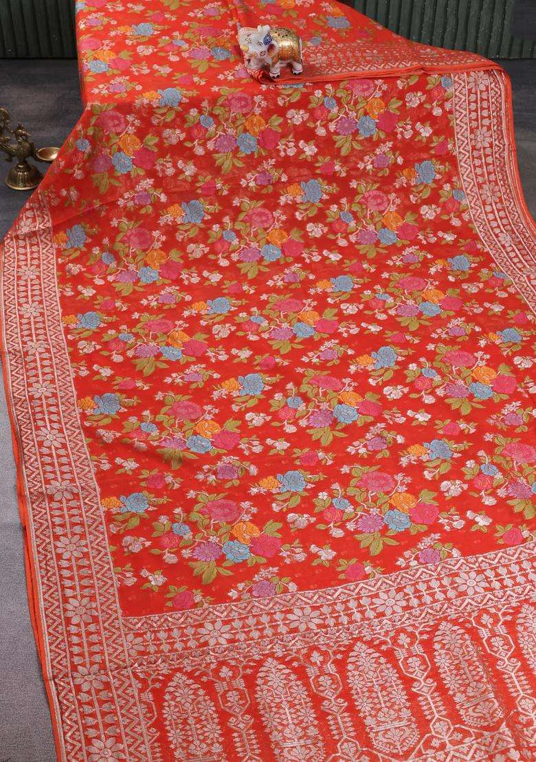 Art Chiffon Saree Orange With Allover Thread Zari Floral Weaves And Zari Woven Border With Traditional Woven Design For Women - Indya