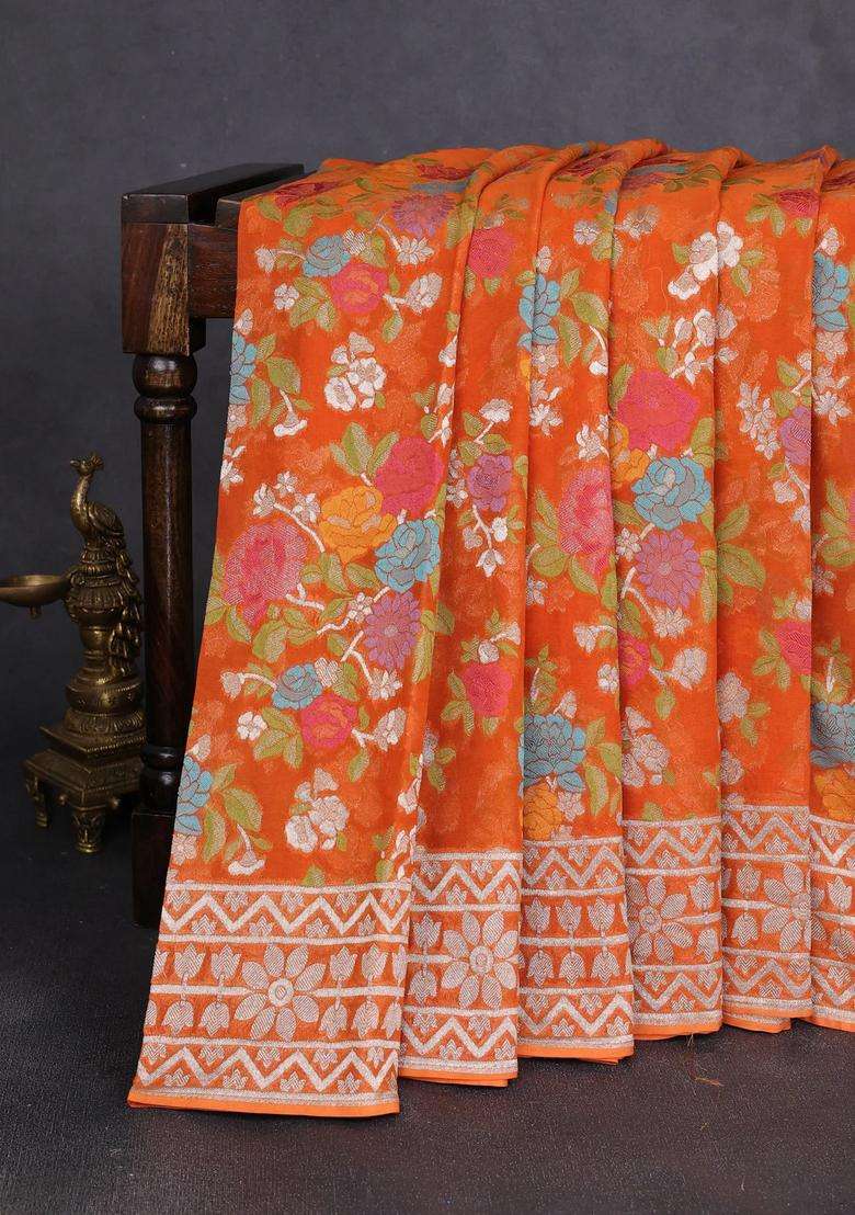 Art Chiffon Saree Orange With Allover Thread Zari Floral Weaves And Zari Woven Border With Traditional Woven Design For Women - Indya