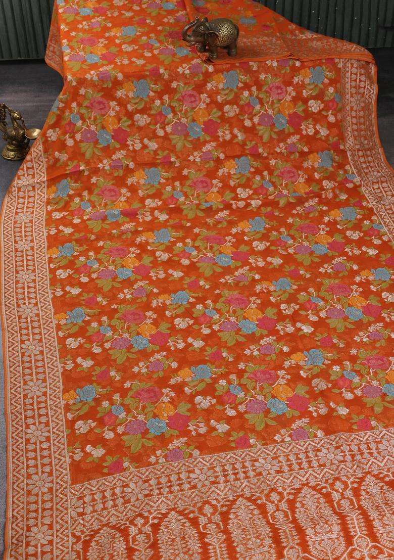 Art Chiffon Saree Orange With Allover Thread Zari Floral Weaves And Zari Woven Border With Traditional Woven Design For Women - Indya