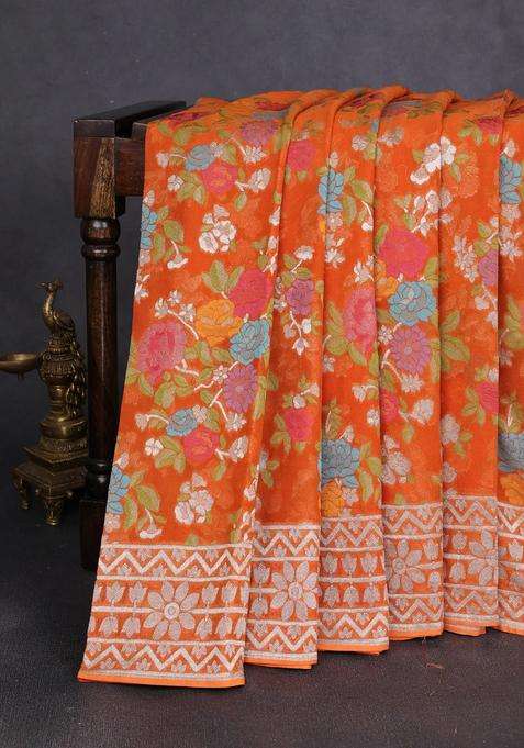 Art Chiffon Saree Orange With Allover Thread Zari Floral Weaves And Zari Woven Border With Traditional Woven Design For Women