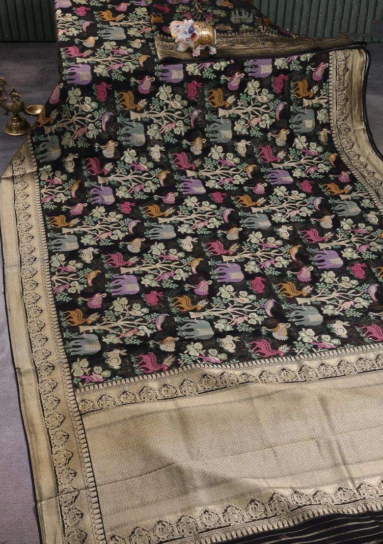 Art Chiffon Saree Black With Allover Vanasingaram Weaves And Zari Woven Border With Traditional Woven Design For Women - Indya