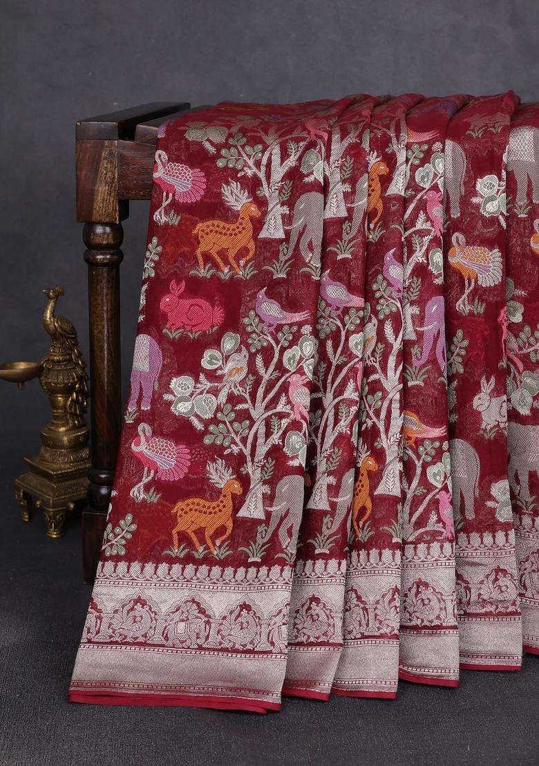 Art Chiffon Saree Deep Maroon With Allover Vanasingaram Weaves And Zari Woven Border With Traditional Woven Design For Women - Indya