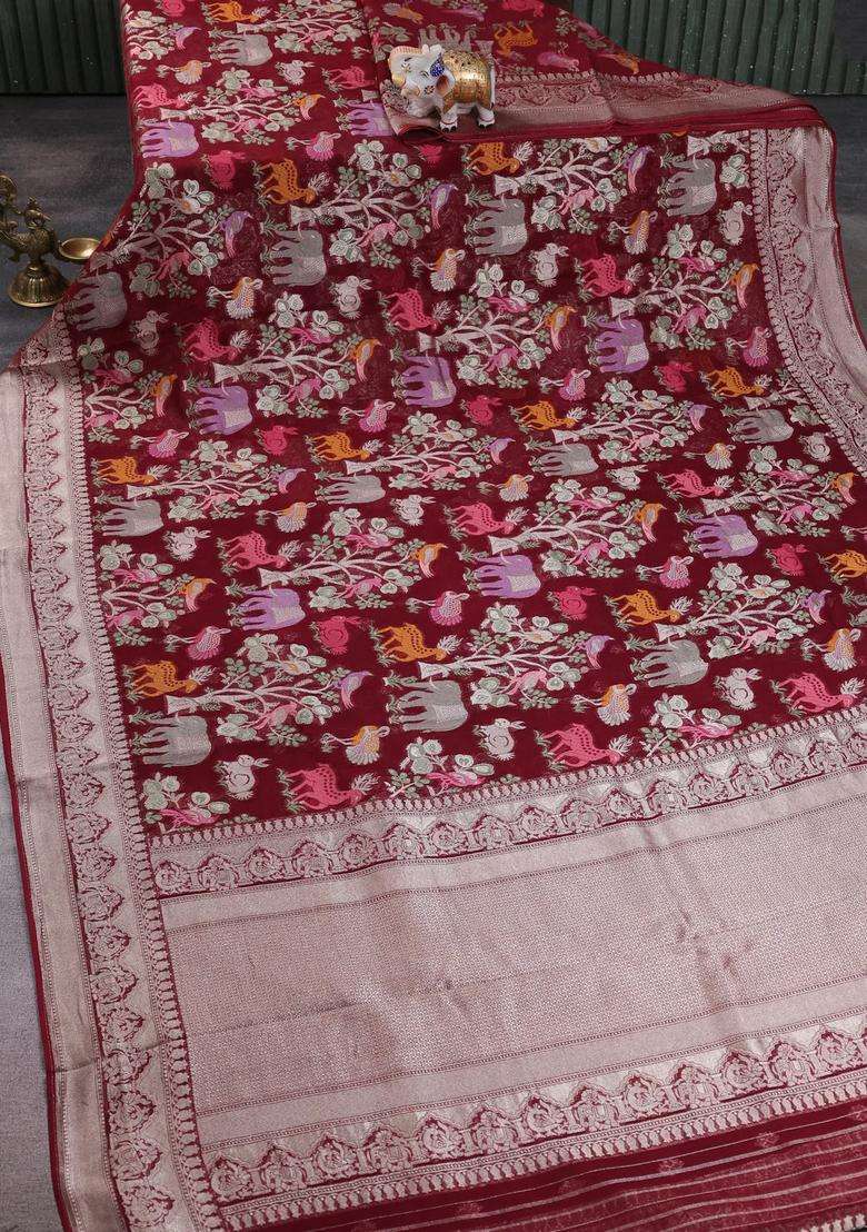 Art Chiffon Saree Deep Maroon With Allover Vanasingaram Weaves And Zari Woven Border With Traditional Woven Design For Women - Indya