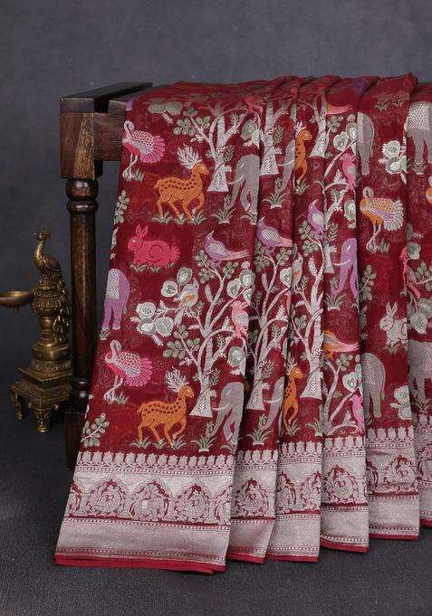 Art Chiffon Saree Deep Maroon With Allover Vanasingaram Weaves And Zari Woven Border With Traditional Woven Design For Women