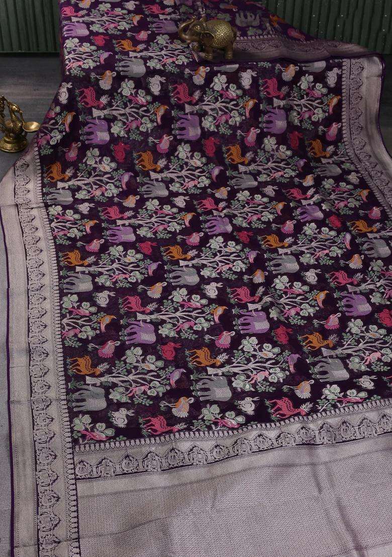Art Chiffon Saree Violet With Allover Vanasingaram Weaves And Zari Woven Border With Traditional Woven Design For Women - Indya