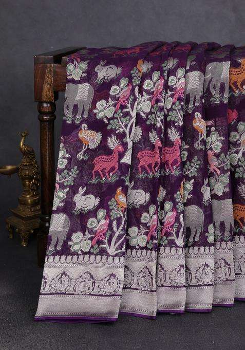 Art Chiffon Saree Violet With Allover Vanasingaram Weaves And Zari Woven Border With Traditional Woven Design For Women