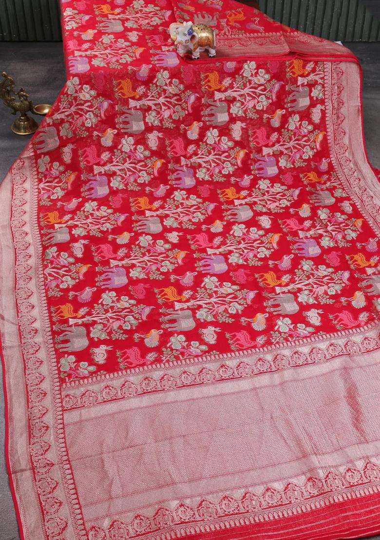 Art Chiffon Saree Red With Allover Vanasingaram Weaves And Zari Woven Border With Traditional Woven Design For Women - Indya