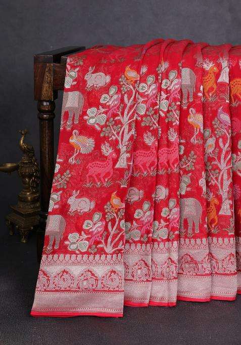 Art Chiffon Saree Red With Allover Vanasingaram Weaves And Zari Woven Border With Traditional Woven Design For Women