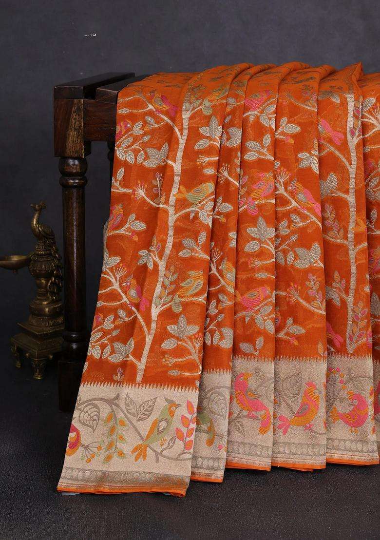 Art Chiffon Saree Orange With Allover Birds Weaves And Zari Woven Border With Traditional Woven Design For Women - Indya