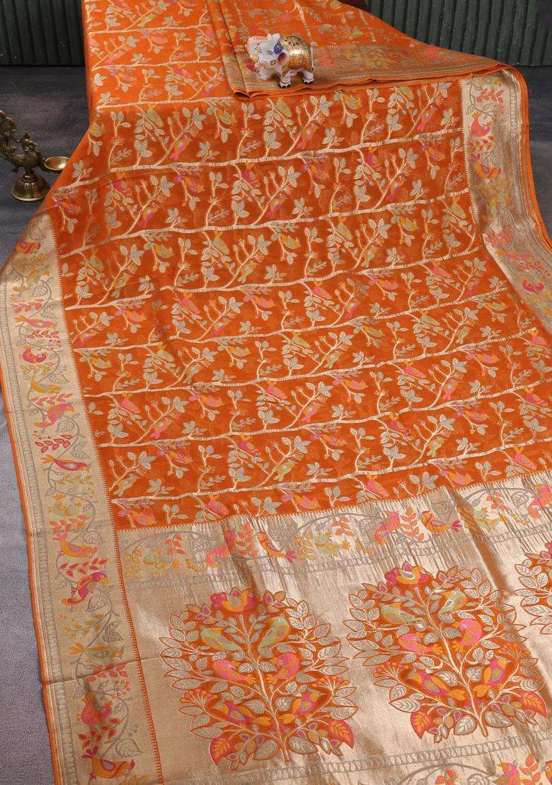 Art Chiffon Saree Orange With Allover Birds Weaves And Zari Woven Border With Traditional Woven Design For Women - Indya