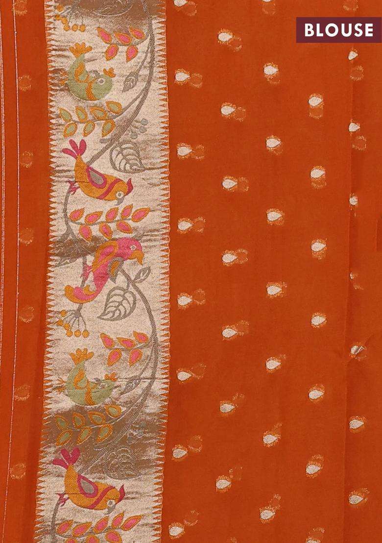 Art Chiffon Saree Orange With Allover Birds Weaves And Zari Woven Border With Traditional Woven Design For Women - Indya