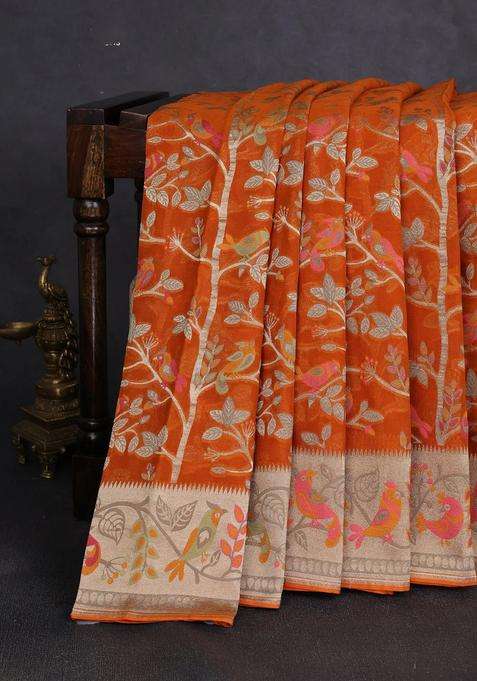Art Chiffon Saree Orange With Allover Birds Weaves And Zari Woven Border With Traditional Woven Design For Women