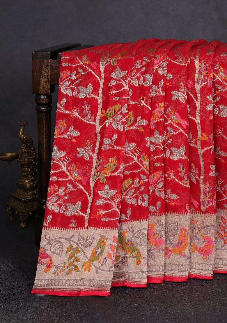 Art Chiffon Saree Red With Allover Birds Weaves And Zari Woven Border With Traditional Woven Design For Women - Indya
