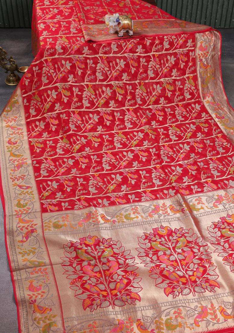 Art Chiffon Saree Red With Allover Birds Weaves And Zari Woven Border With Traditional Woven Design For Women - Indya
