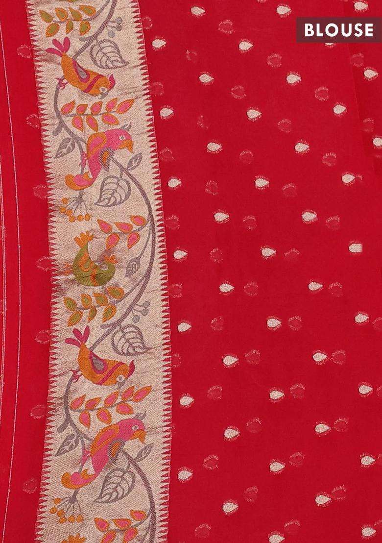 Art Chiffon Saree Red With Allover Birds Weaves And Zari Woven Border With Traditional Woven Design For Women - Indya