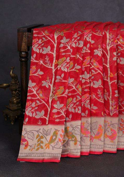 Art Chiffon Saree Red With Allover Birds Weaves And Zari Woven Border With Traditional Woven Design For Women