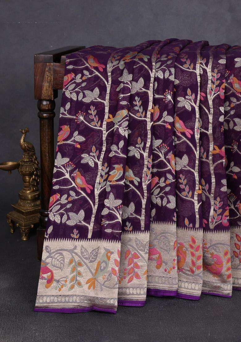 Art Chiffon Saree Violet With Allover Birds Weaves And Zari Woven Border With Traditional Woven Design For Women - Indya