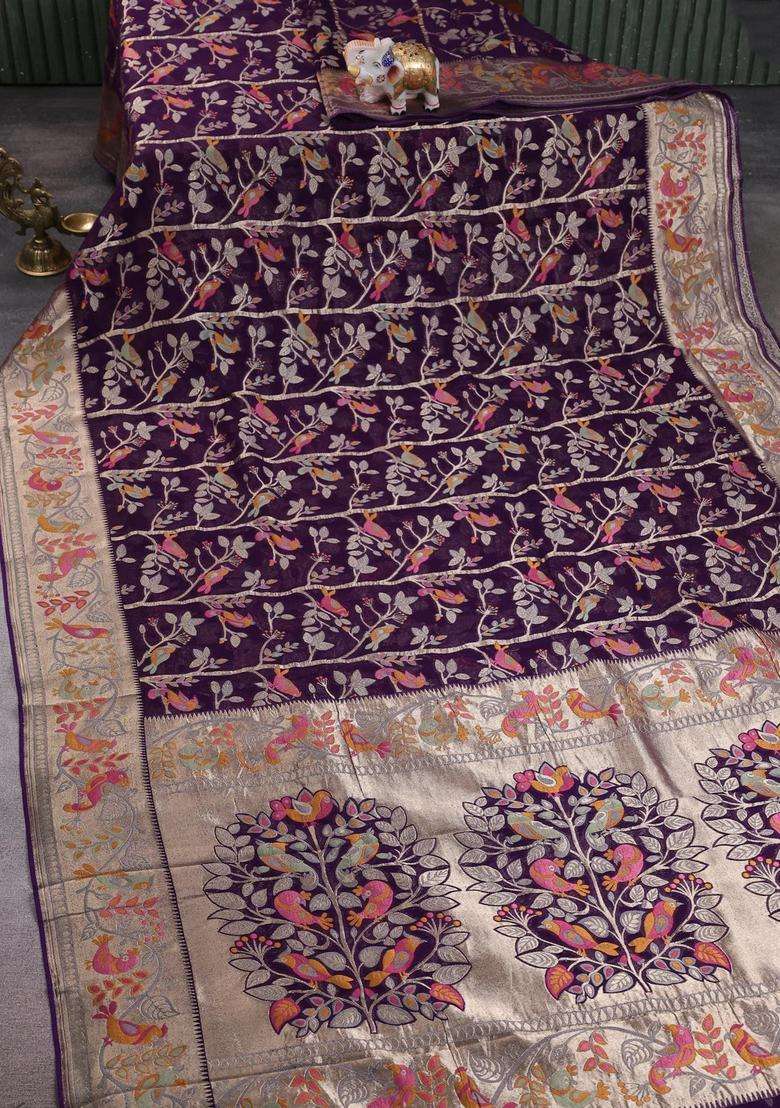 Art Chiffon Saree Violet With Allover Birds Weaves And Zari Woven Border With Traditional Woven Design For Women - Indya