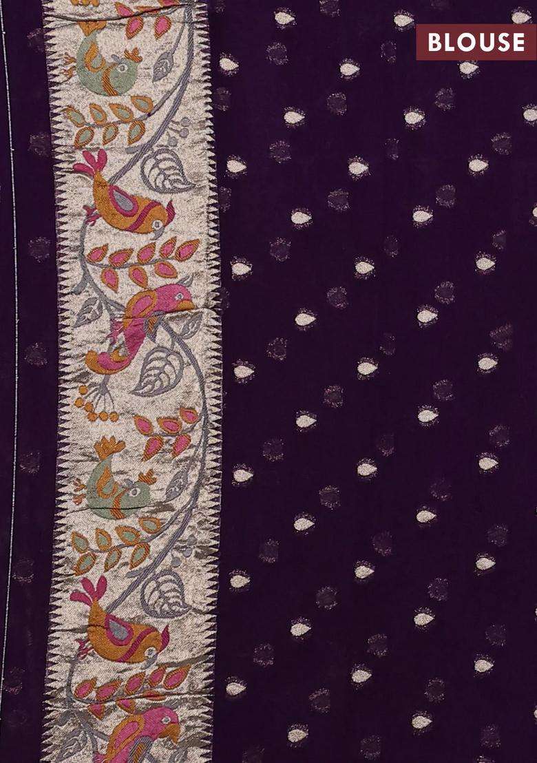 Art Chiffon Saree Violet With Allover Birds Weaves And Zari Woven Border With Traditional Woven Design For Women - Indya