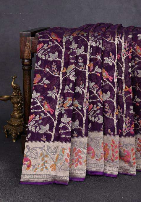 Art Chiffon Saree Violet With Allover Birds Weaves And Zari Woven Border With Traditional Woven Design For Women