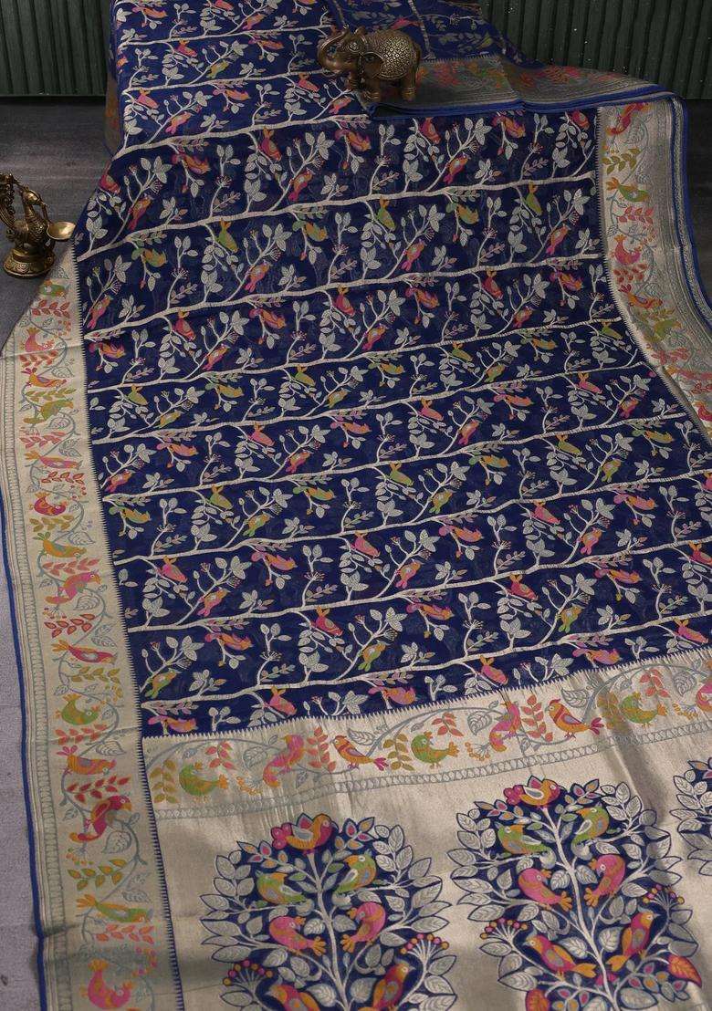 Art Chiffon Saree Peacock Blue With Allover Birds Weaves And Zari Woven Border With Traditional Woven Design For Women - Indya