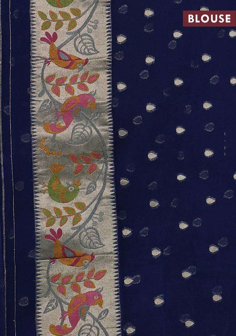 Art Chiffon Saree Peacock Blue With Allover Birds Weaves And Zari Woven Border With Traditional Woven Design For Women - Indya
