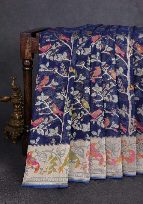 Art Chiffon Saree Peacock Blue With Allover Birds Weaves And Zari Woven Border With Traditional Woven Design For Women