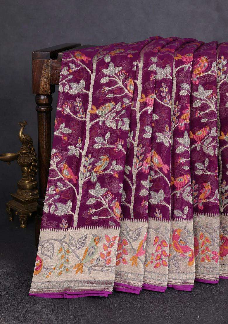 Art Chiffon Saree Purple With Allover Birds Weaves And Zari Woven Border With Traditional Woven Design For Women - Indya