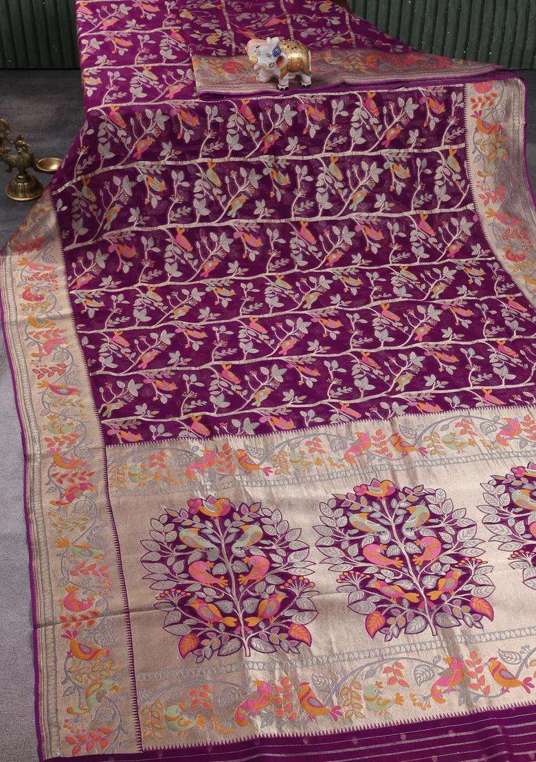 Art Chiffon Saree Purple With Allover Birds Weaves And Zari Woven Border With Traditional Woven Design For Women - Indya