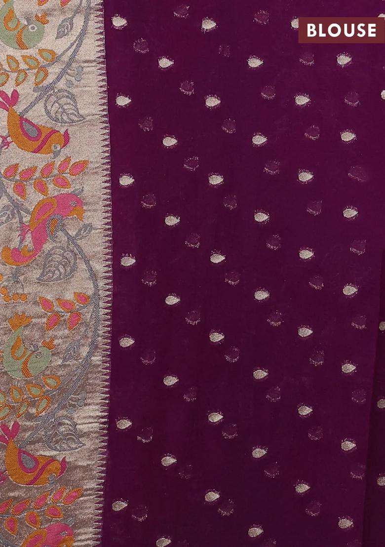 Art Chiffon Saree Purple With Allover Birds Weaves And Zari Woven Border With Traditional Woven Design For Women - Indya