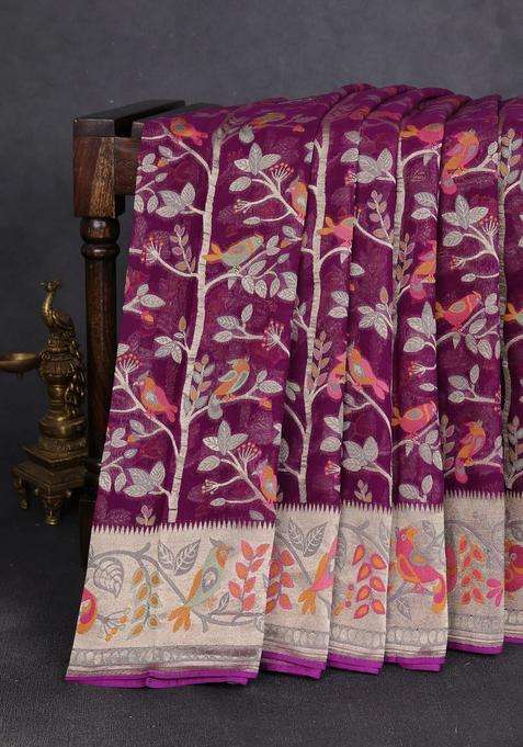 Art Chiffon Saree Purple With Allover Birds Weaves And Zari Woven Border With Traditional Woven Design For Women