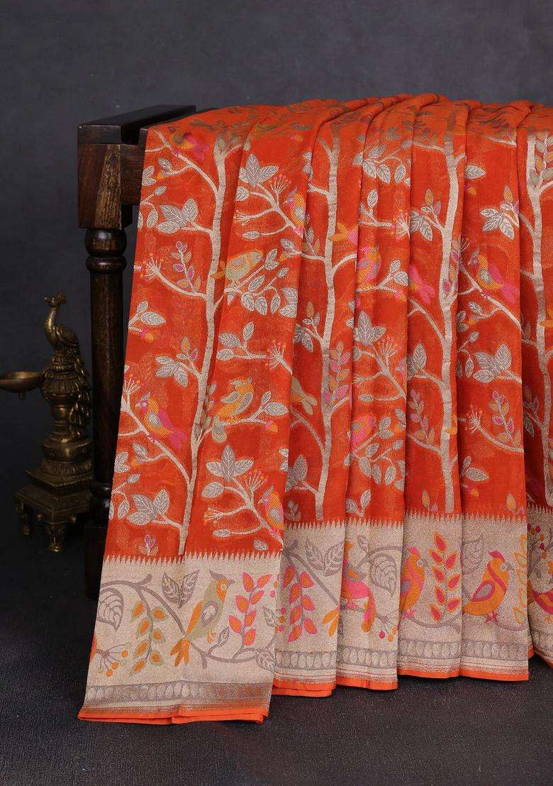 Art Chiffon Saree Orange With Allover Birds Weaves And Zari Woven Border With Traditional Woven Design For Women - Indya