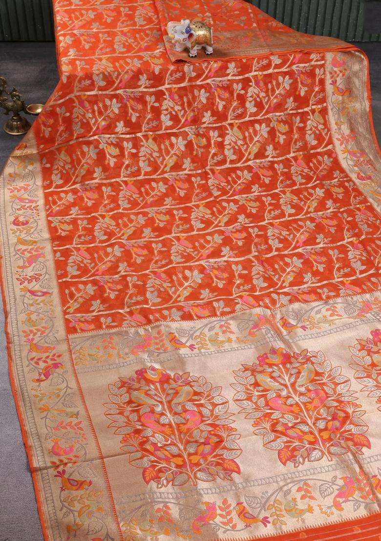 Art Chiffon Saree Orange With Allover Birds Weaves And Zari Woven Border With Traditional Woven Design For Women - Indya