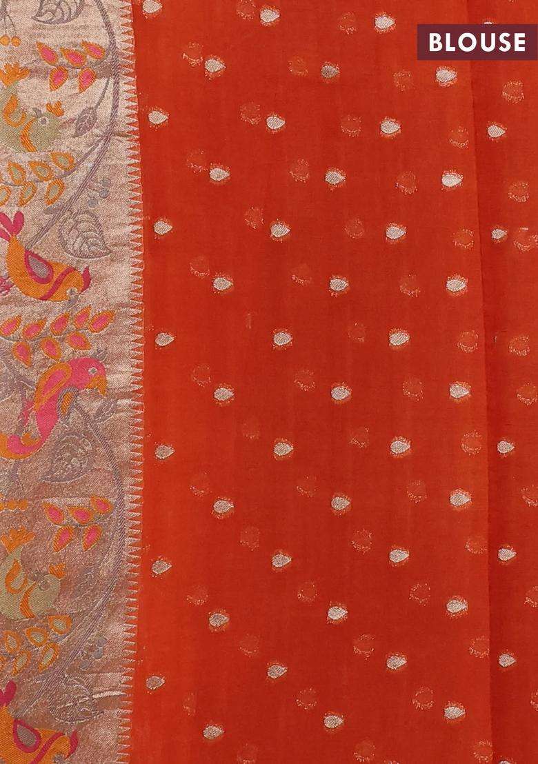 Art Chiffon Saree Orange With Allover Birds Weaves And Zari Woven Border With Traditional Woven Design For Women - Indya