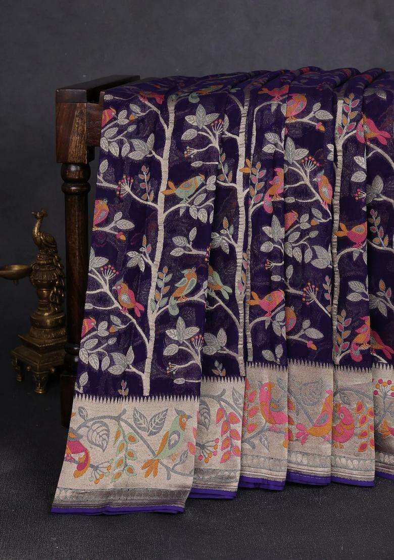 Art Chiffon Saree Navy Blue With Allover Birds Weaves And Zari Woven Border With Traditional Woven Design For Women - Indya
