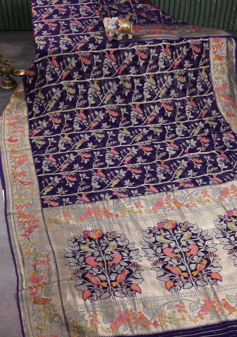 Art Chiffon Saree Navy Blue With Allover Birds Weaves And Zari Woven Border With Traditional Woven Design For Women - Indya