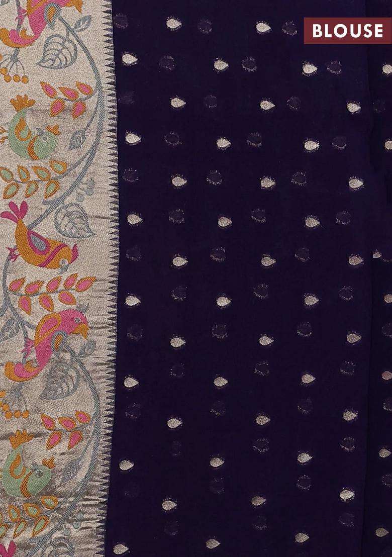 Art Chiffon Saree Navy Blue With Allover Birds Weaves And Zari Woven Border With Traditional Woven Design For Women - Indya