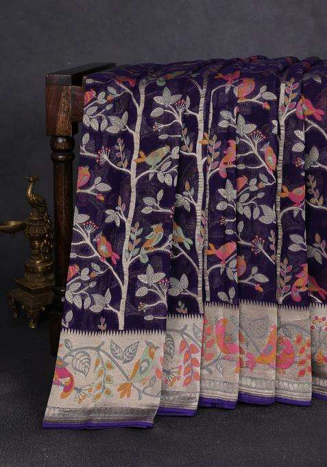 Art Chiffon Saree Navy Blue With Allover Birds Weaves And Zari Woven Border With Traditional Woven Design For Women