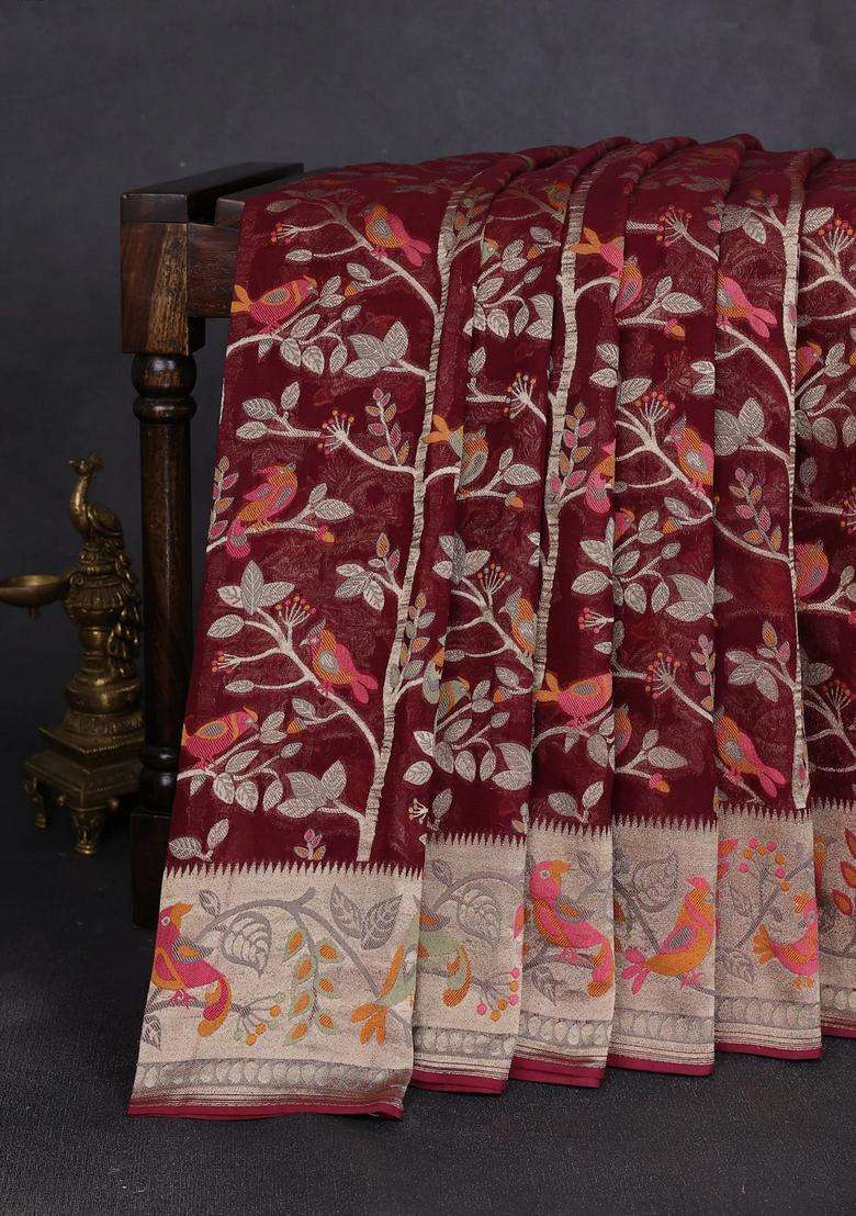 Art Chiffon Saree Deep Maroon With Allover Birds Weaves And Zari Woven Border With Traditional Woven Design For Women - Indya