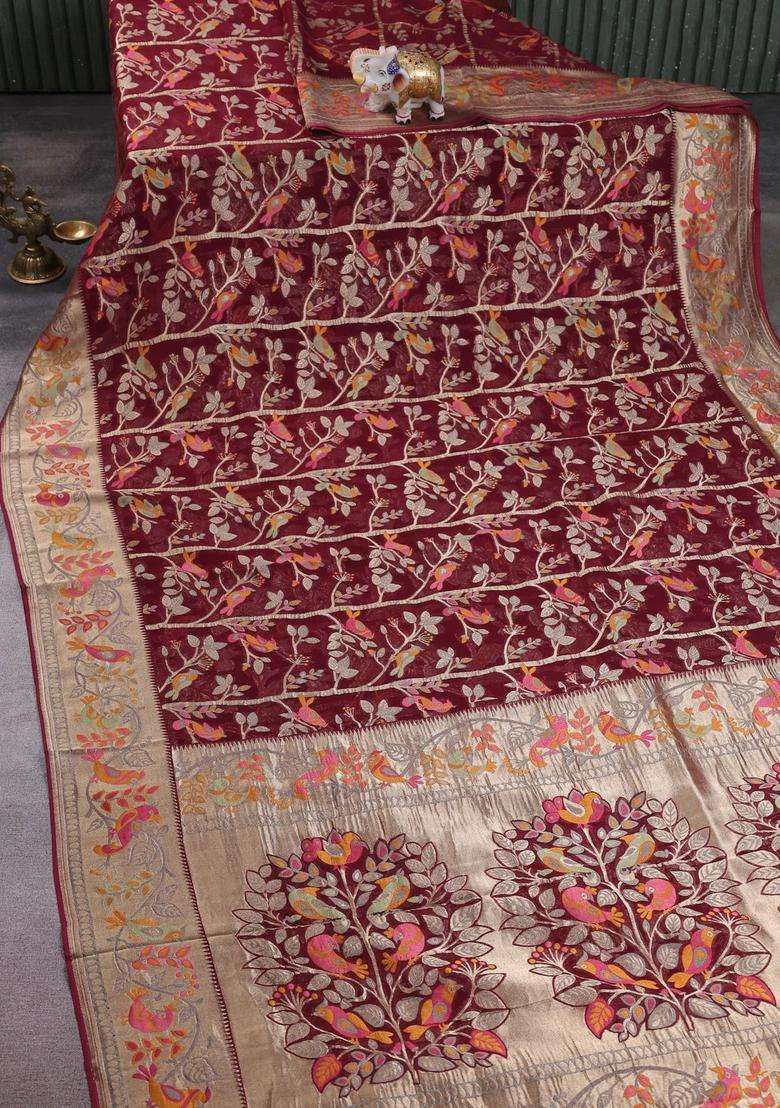 Art Chiffon Saree Deep Maroon With Allover Birds Weaves And Zari Woven Border With Traditional Woven Design For Women - Indya