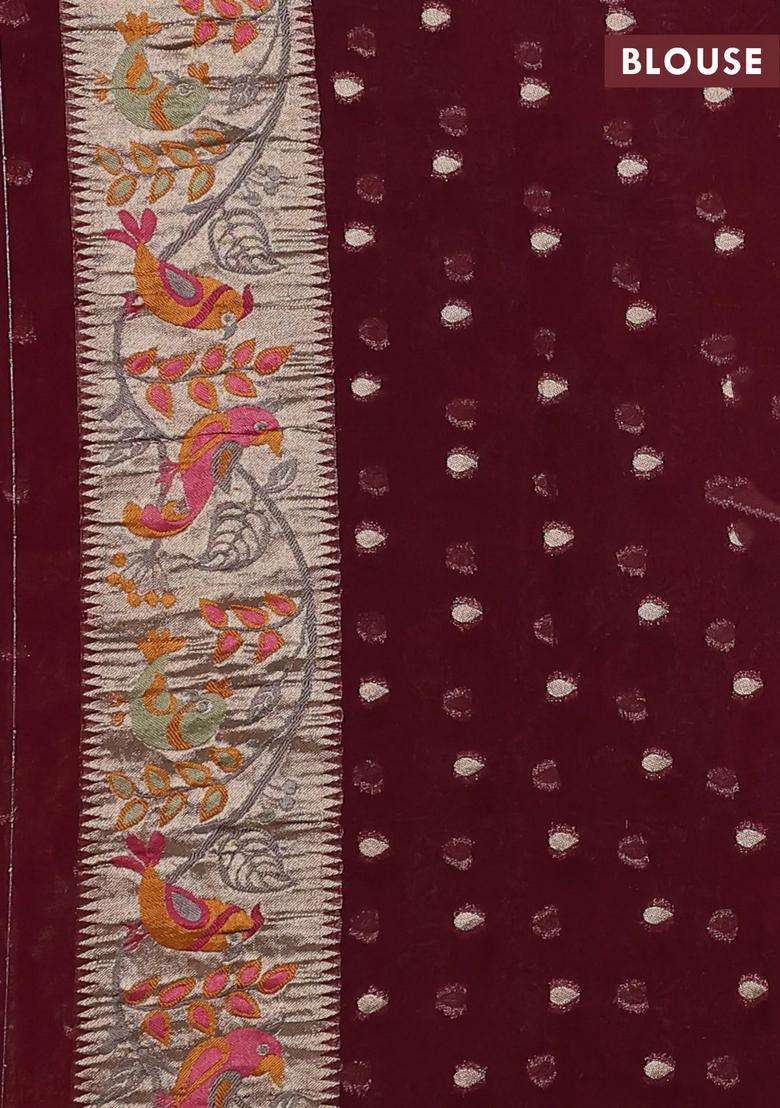 Art Chiffon Saree Deep Maroon With Allover Birds Weaves And Zari Woven Border With Traditional Woven Design For Women - Indya