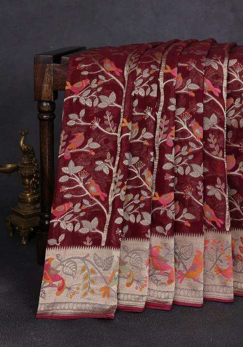 Art Chiffon Saree Deep Maroon With Allover Birds Weaves And Zari Woven Border With Traditional Woven Design For Women