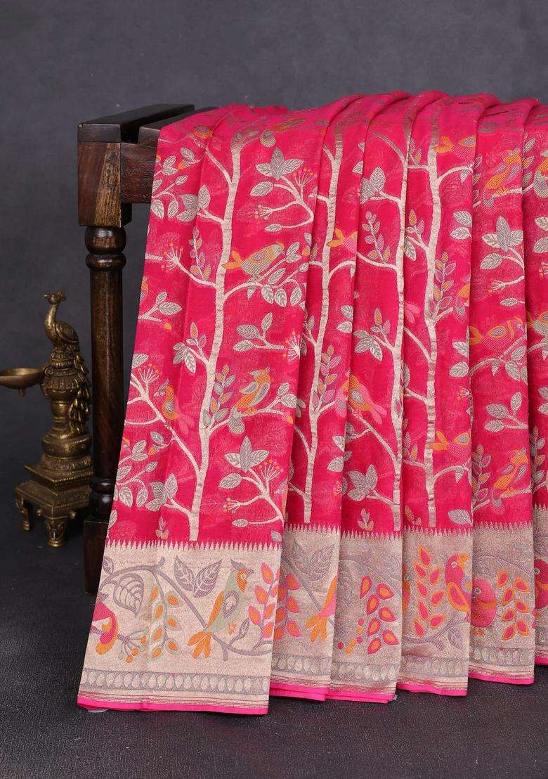 Art Chiffon Saree Pink With Allover Birds Weaves And Zari Woven Border With Traditional Woven Design For Women - Indya